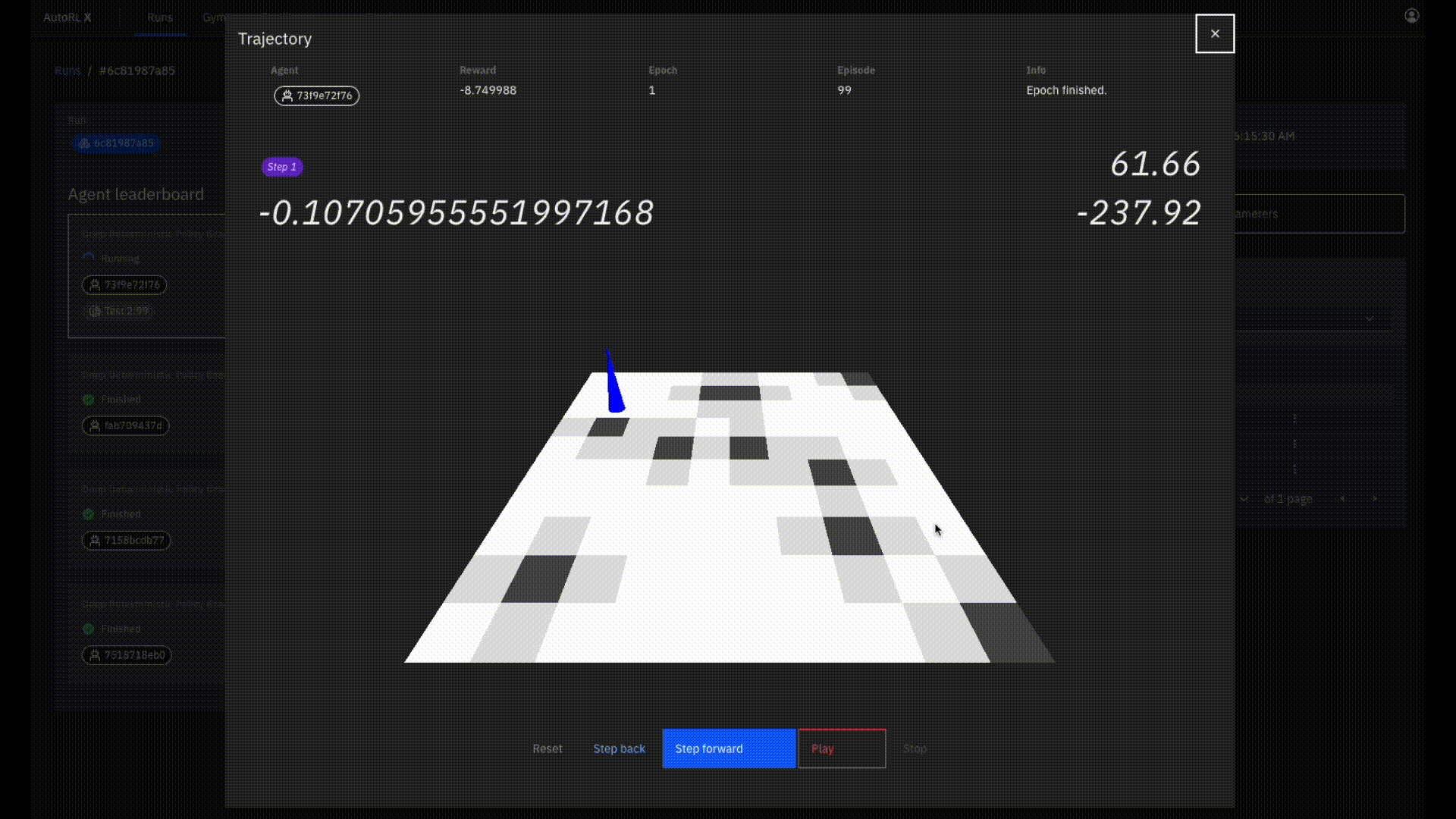 Demo GIF of AutoRLX showcasing 3D visualization of agent trajectories in a simulated gym environment